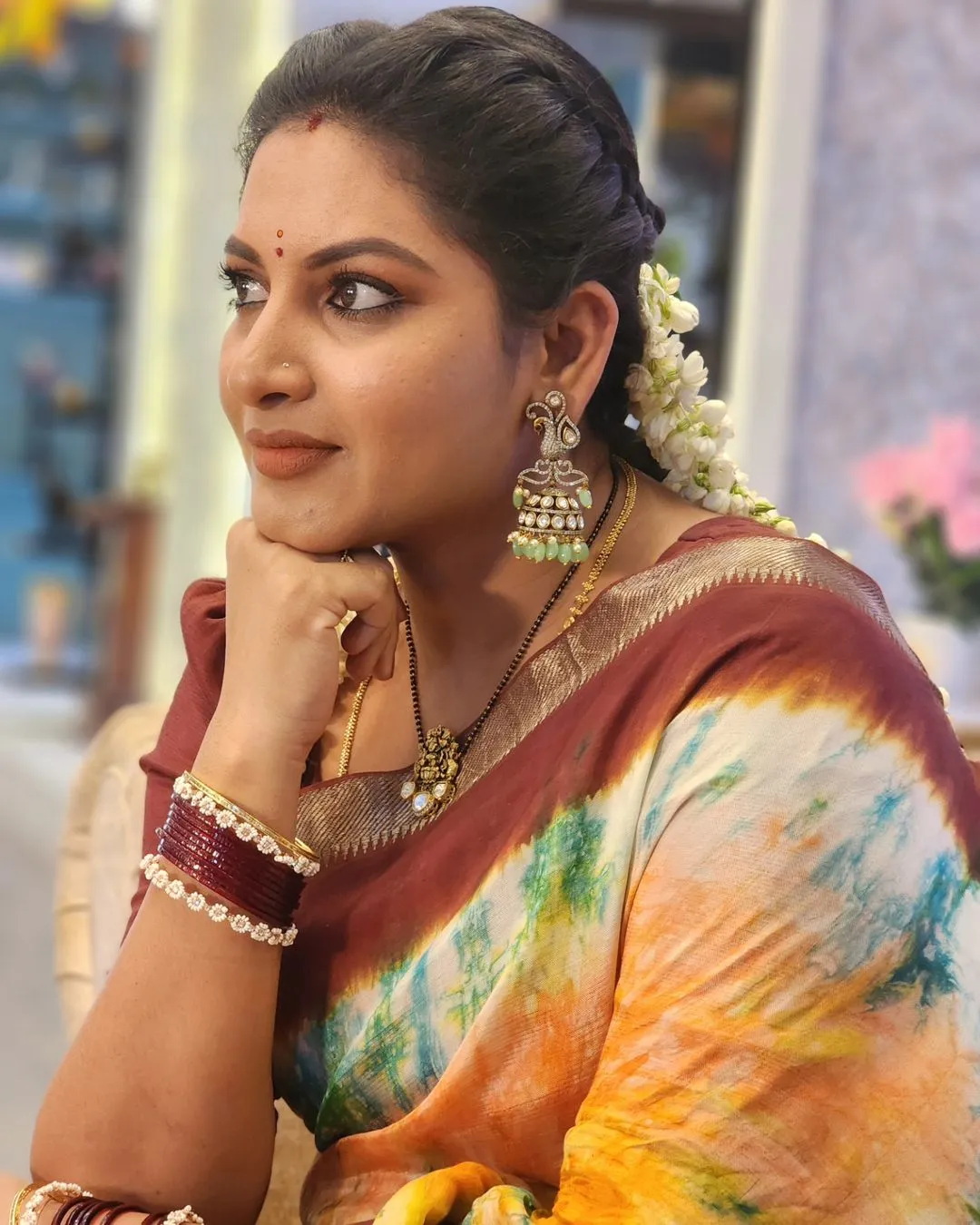 South Indian TV Actress Pallavi Ramisetty in Traditional Yellow Saree